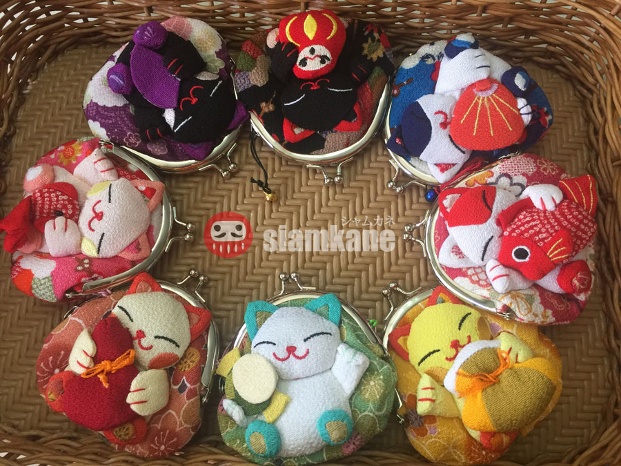 Japanese coin purse kimono fabric neko with amulet